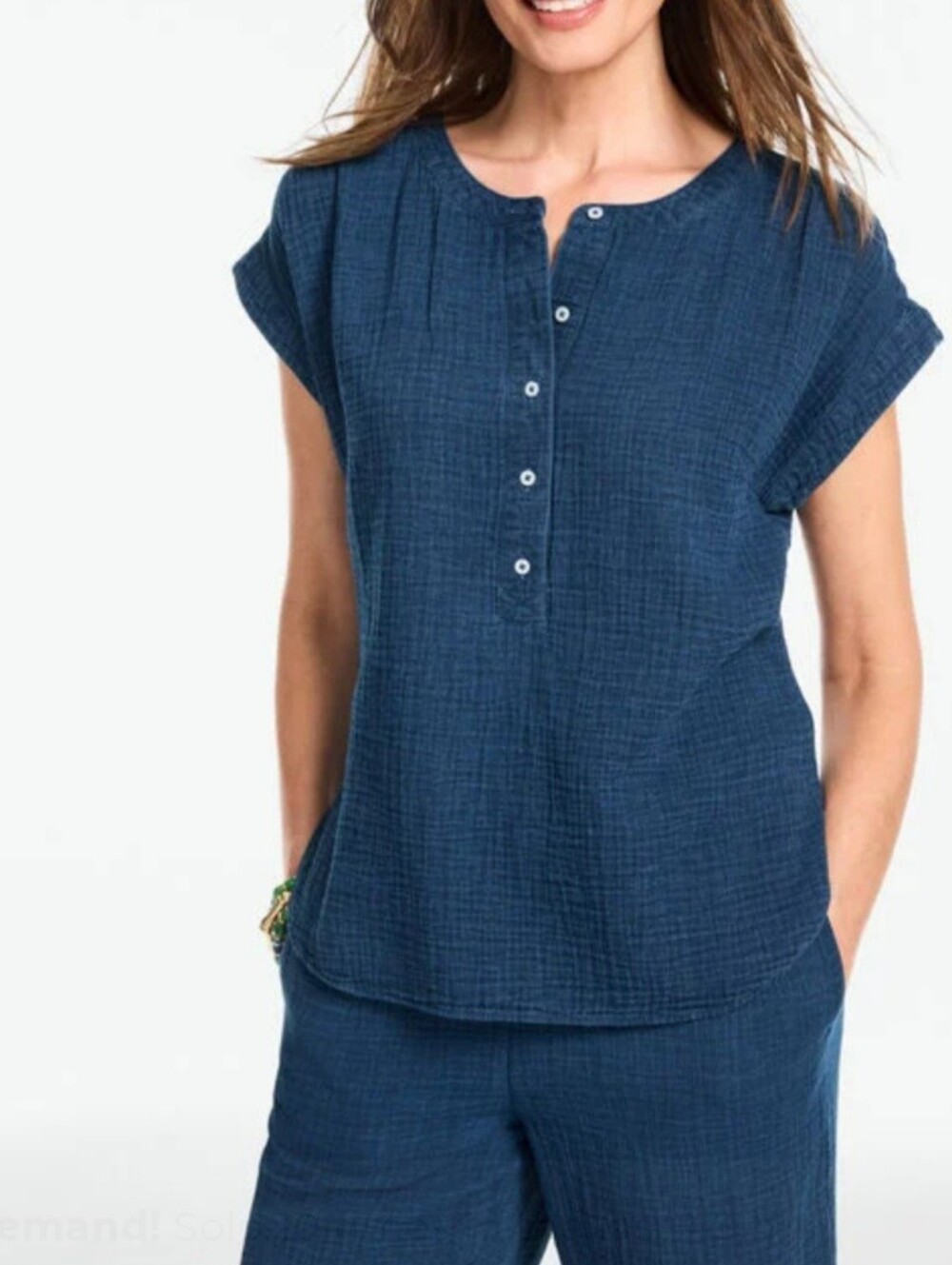 Talbots Navy Short Sleeve Button Henley Blouse